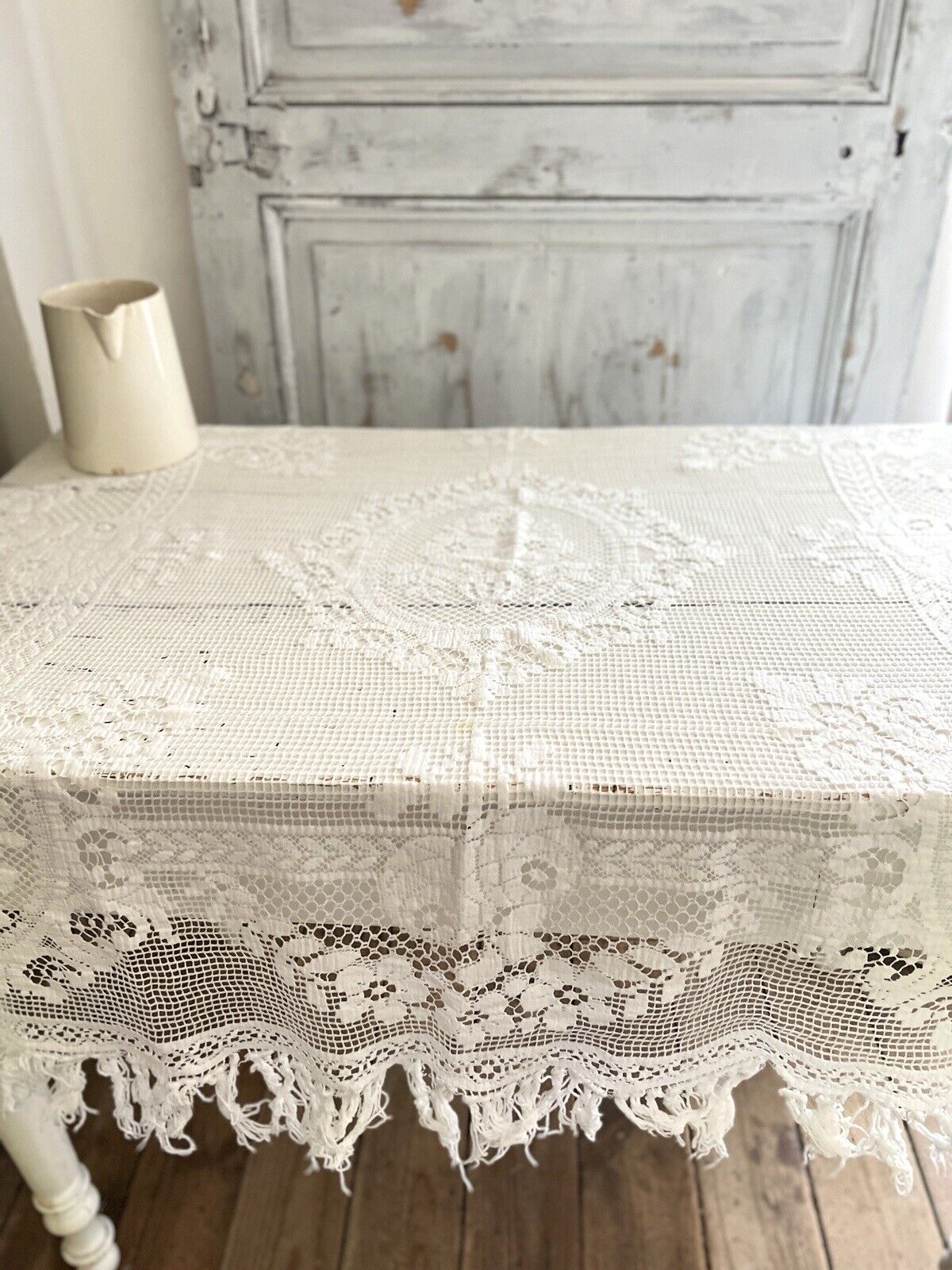 Antique French EMBROIDERED filet lace  tea TABLECLOTH FRINGES c1900