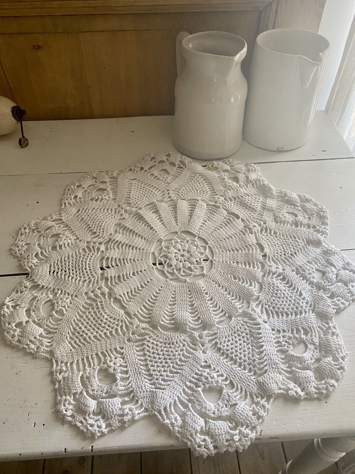 SET 3 round French HEAVY cotton FILET LACE DOILIES mat c1950