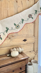 Vintage French country MANTELPIECE COVER embroidered NATURAL LINEN c1930