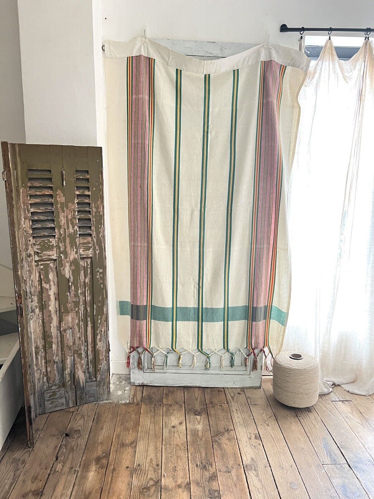 Vintage French Provencal long cotton STRIPED DOOR CURTAIN fringes c1950