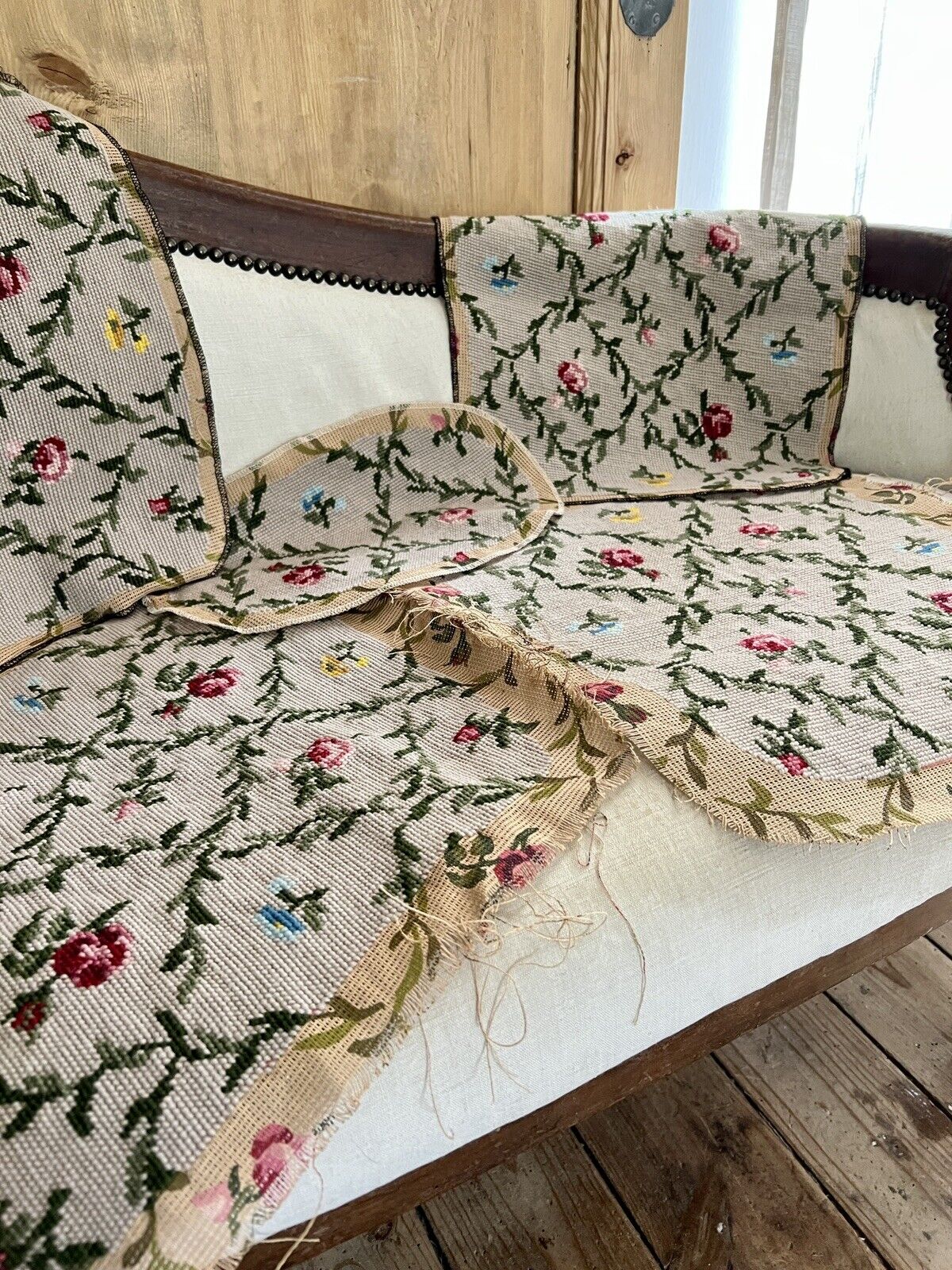 Vintage French PAIR TAPESTRY cotton chair covers floral bouquets c1950