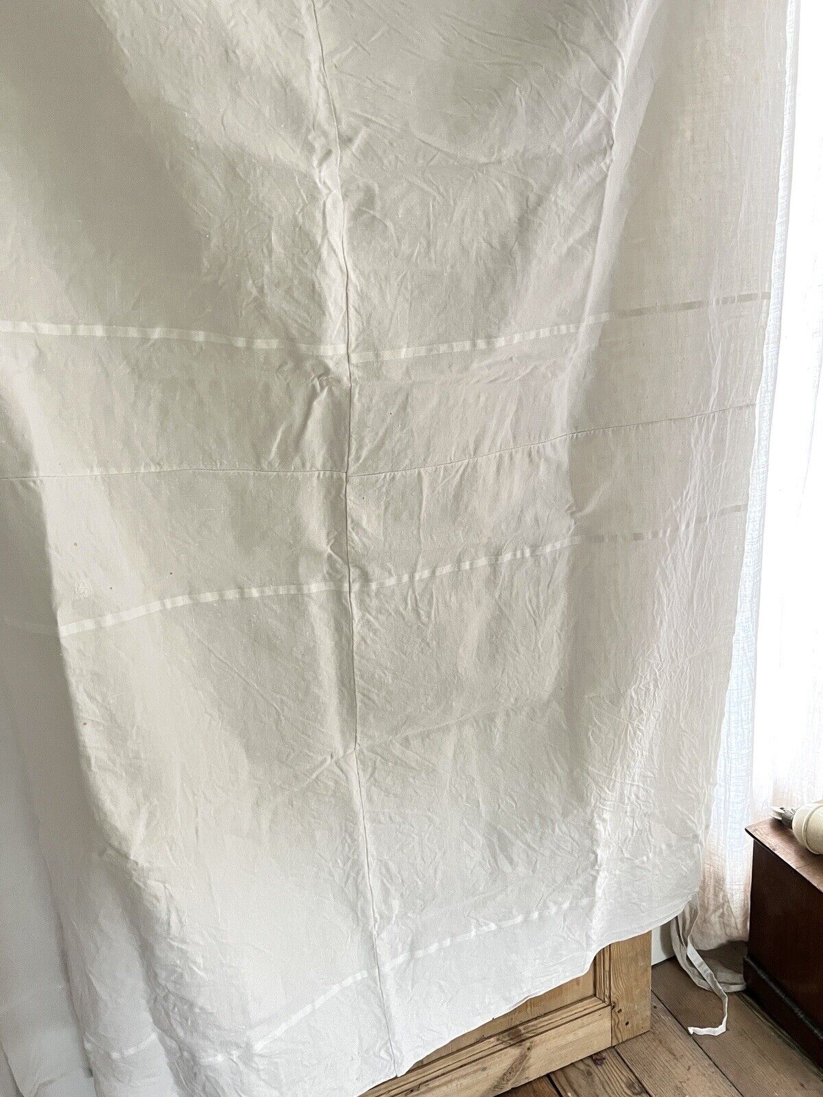 Antique French LINEN FIL PATCHED curtain DT mono c1900