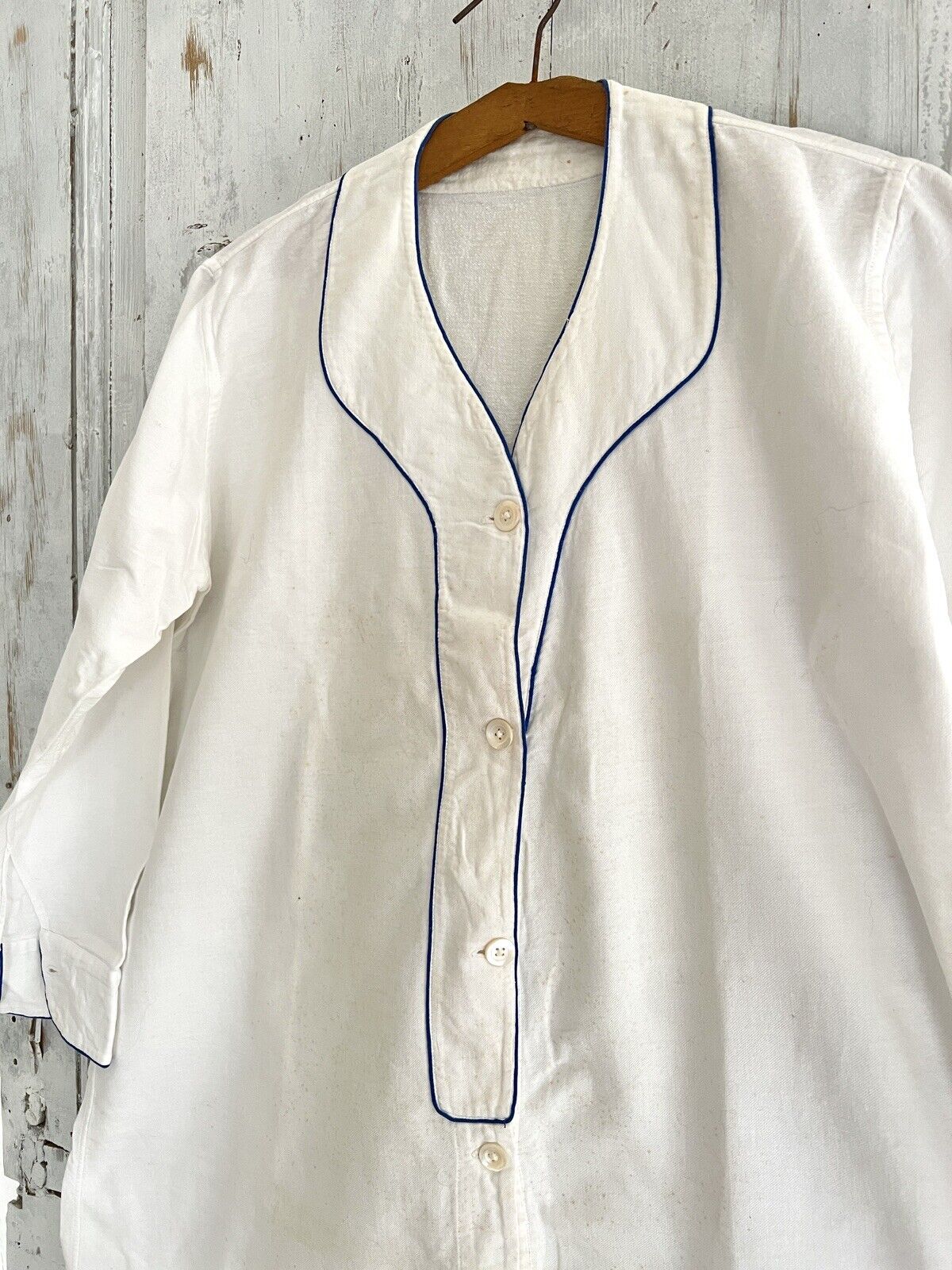 Antique French MAN brushed cotton NIGHTSHIRT blue liseret 1900