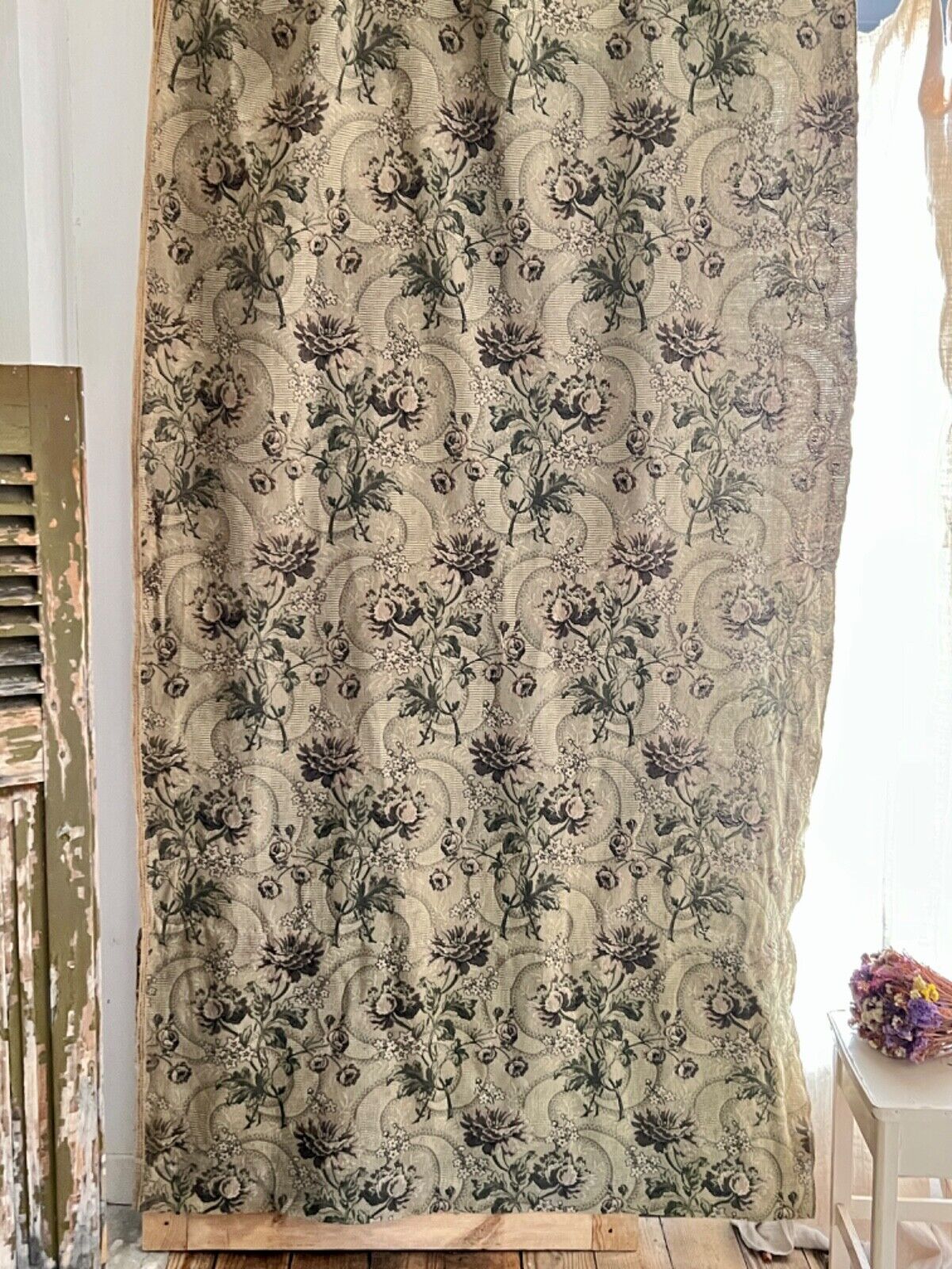 Antique French long woven DAMASK cotton FLORAL GREY green CURTAIN c1910