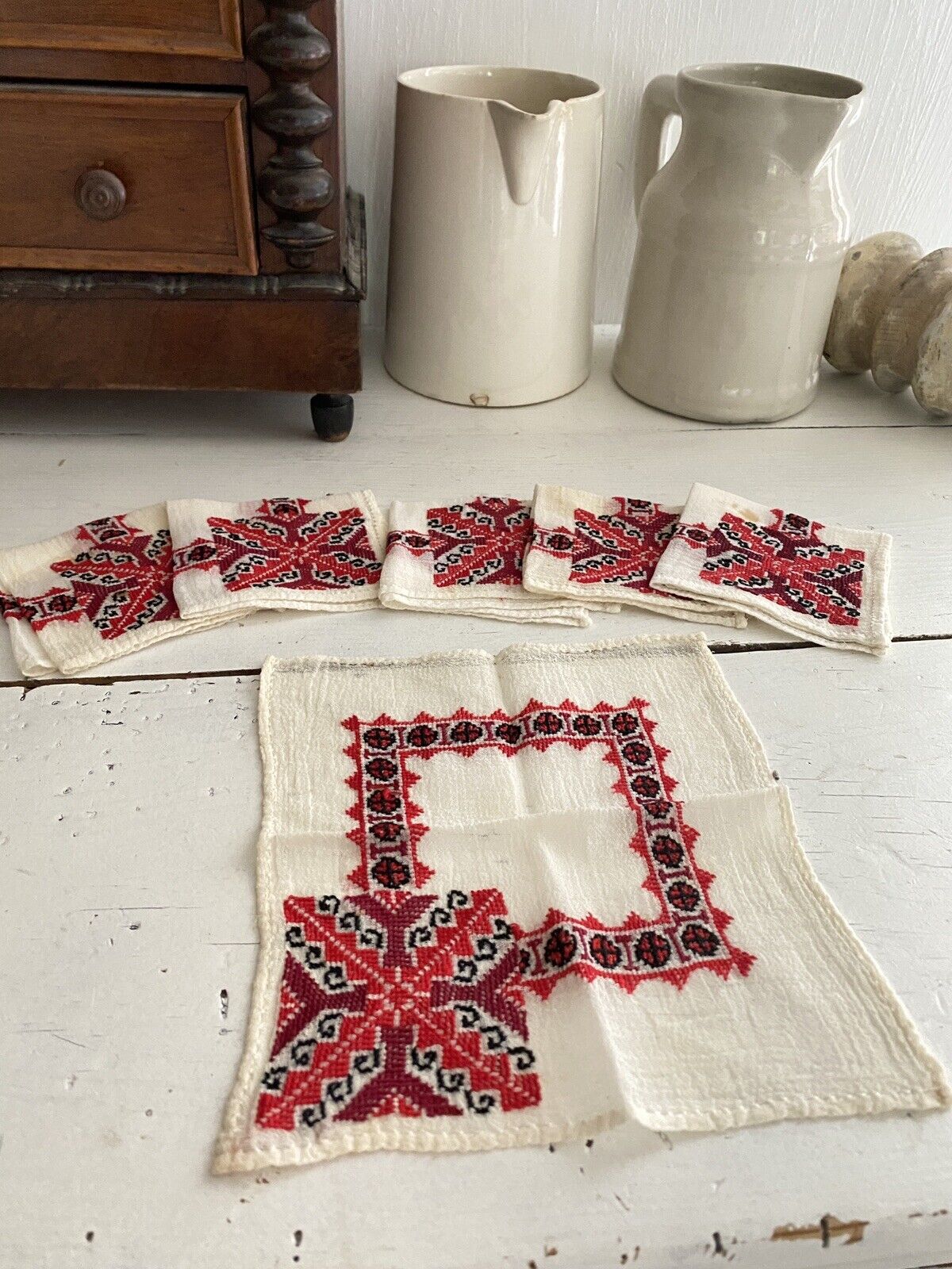 Vintage Hungarian COTTON GAUZE TEA NAPKINS embroidered c1930