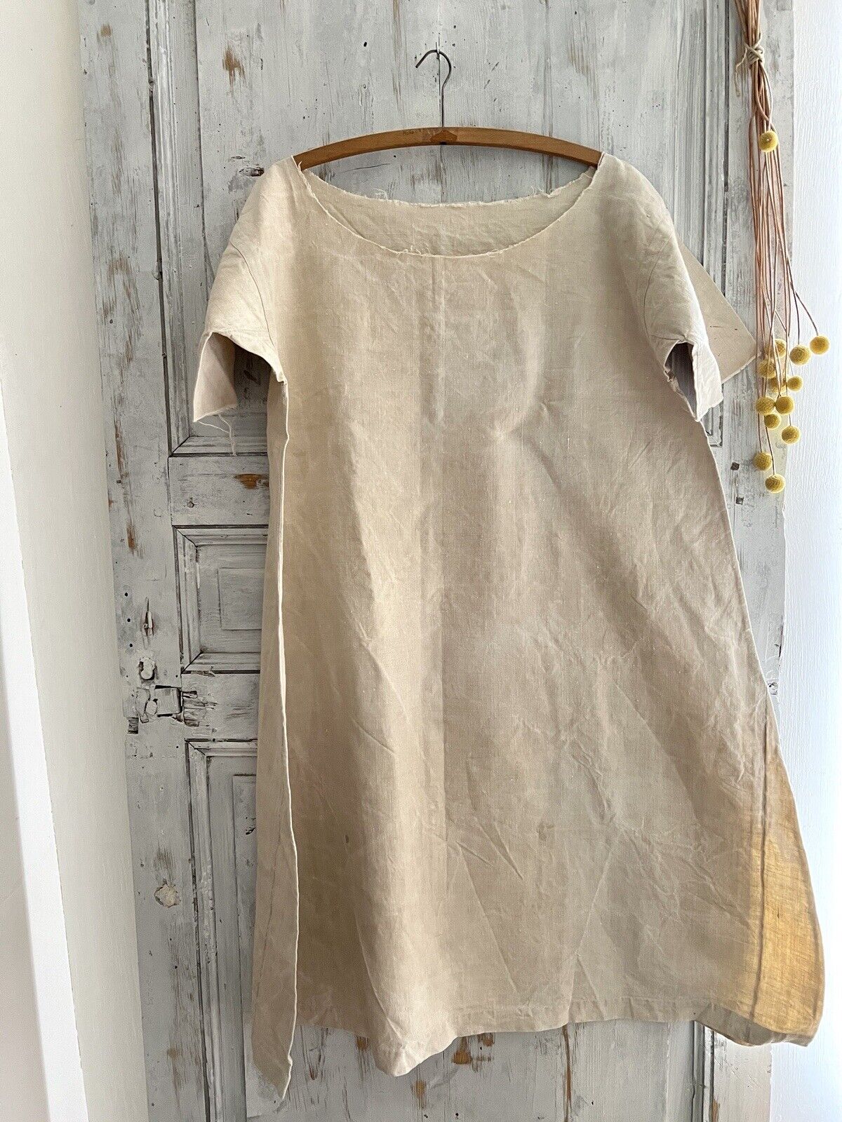 Antique French PRIMITIVE natural FLOPPY LINEN nightshirt UNFINISHED c1830