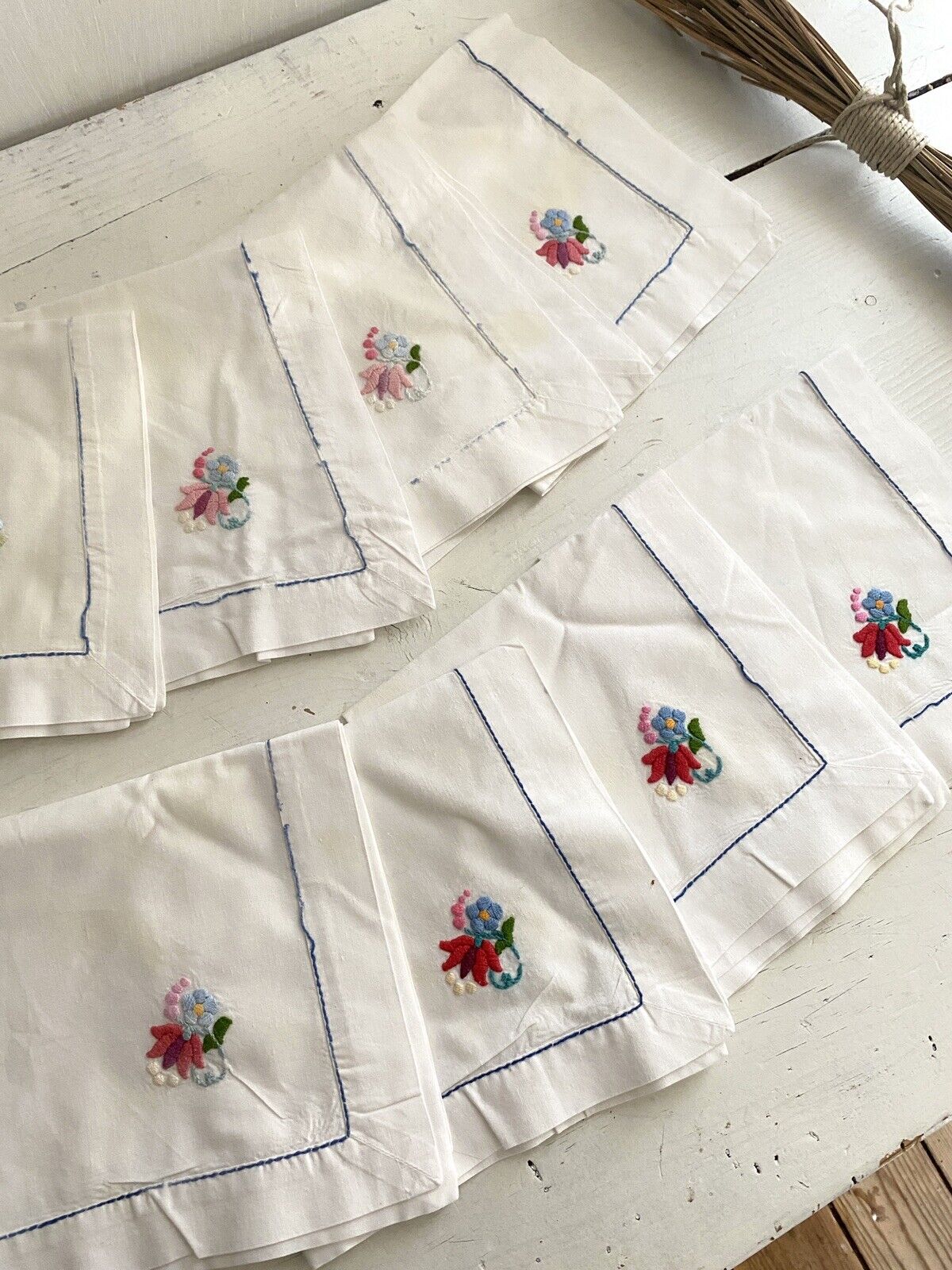 Set 8 vintage French cotton TEA NAPKINS FLORAL embroideries shabby chic c1950