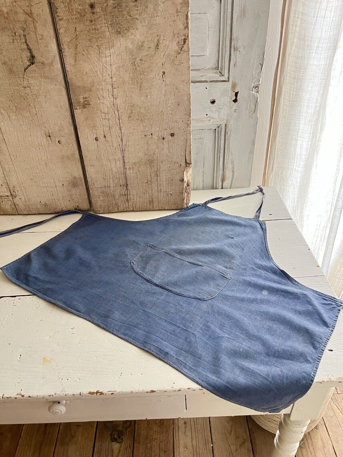 Antique French rare CHILD INDIGO WORK WEAR APRON LINEN c1900