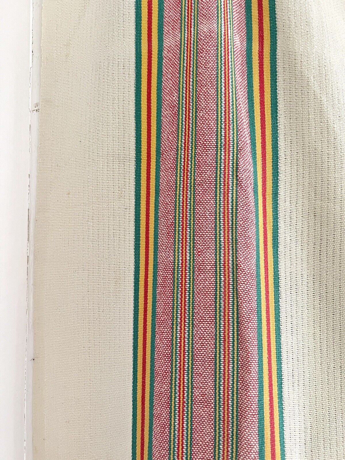 Vintage French Provencal long cotton STRIPED DOOR CURTAIN fringes c1950