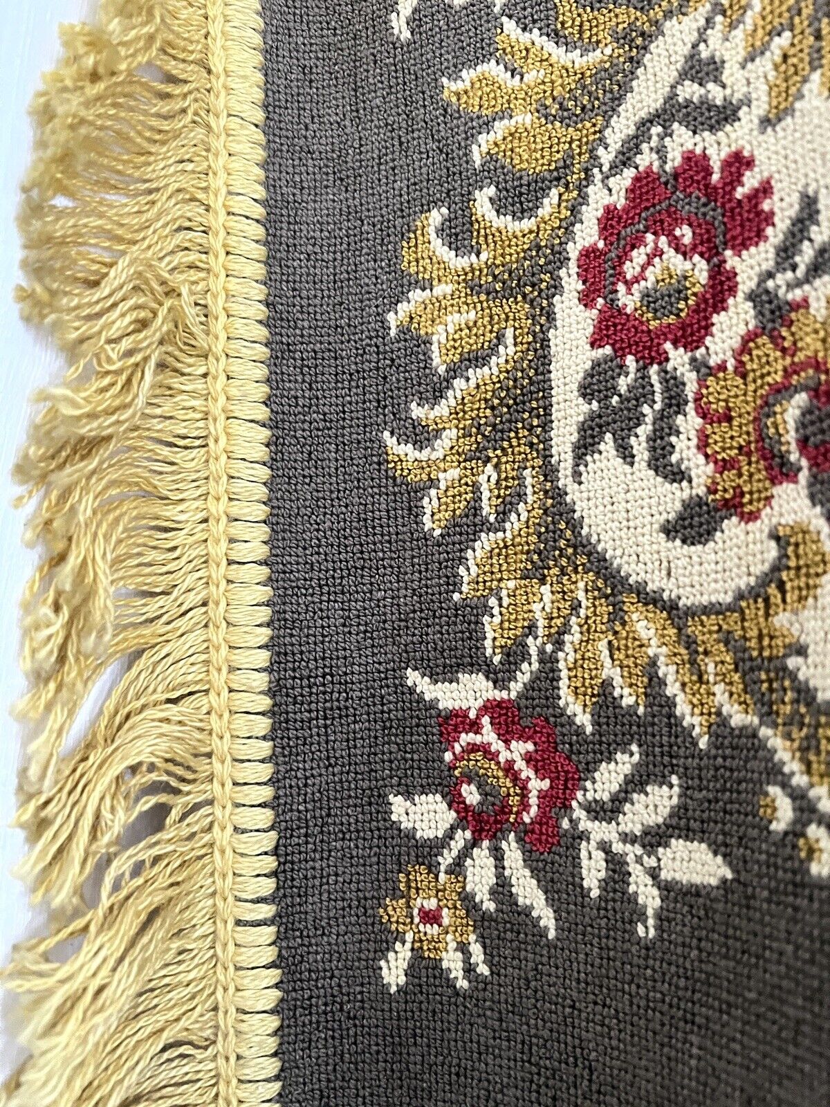 Vintage French FLORAL cotton PROVENCAL GOLD tablecloth wall hanging FRINGE c1950