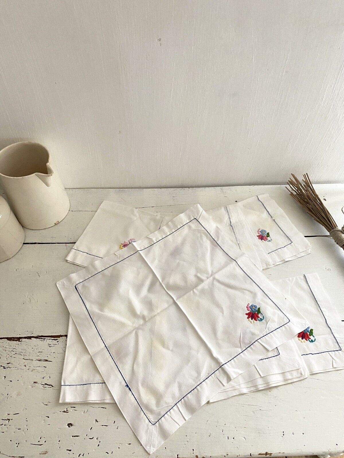 Set 8 vintage French cotton TEA NAPKINS FLORAL embroideries shabby chic c1950