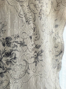 Antique French long DAMASK cotton FLORAL GREY beige CURTAIN drape c1910