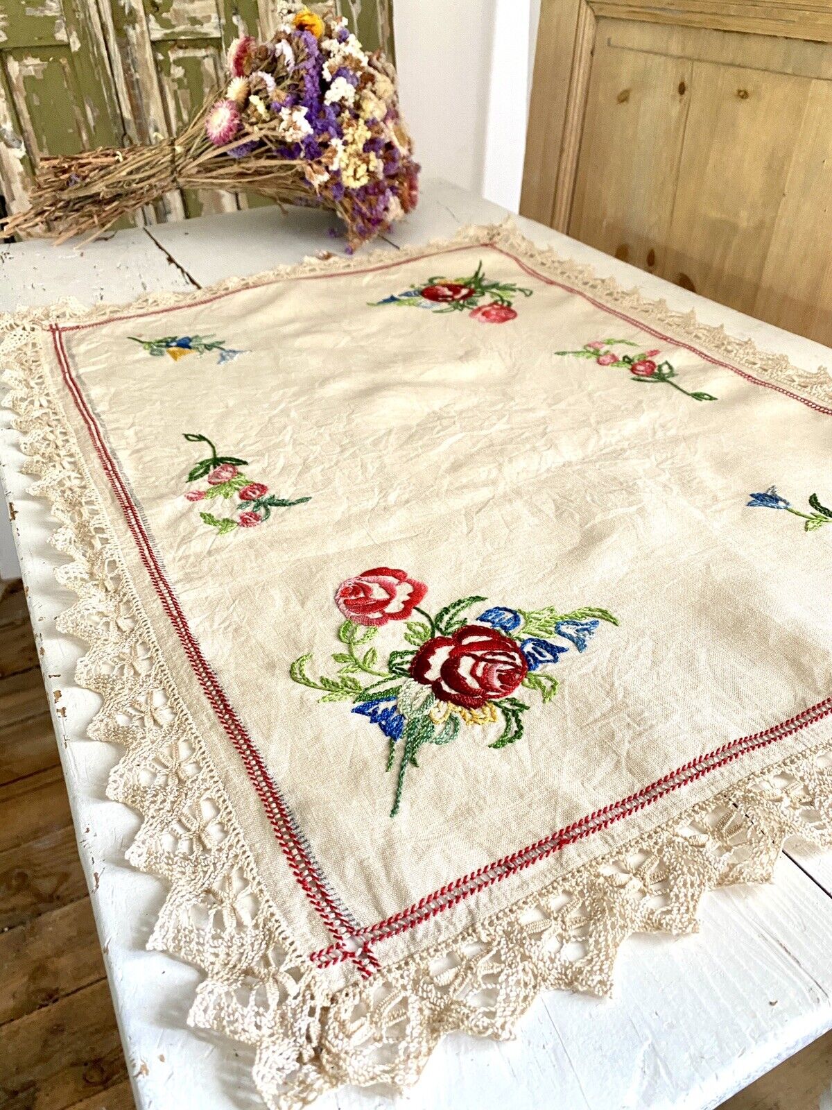 Vintage French linen DOILY floral EMBROIDERIES napperon NATURAL TONES LACE c1930