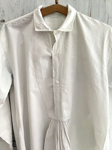 Antique French LONG man front bib pleated WORK WEAR COTTON pintucks SHIRT  c1900