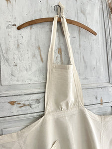 Antique French EMBROIDERED heavy linen cotton NATURAL WORK WEAR APRON c1920