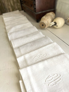 COMPLETE SET 12 Art Deco French DAMASK LINEN NAPKINS openworks BC mono c1930