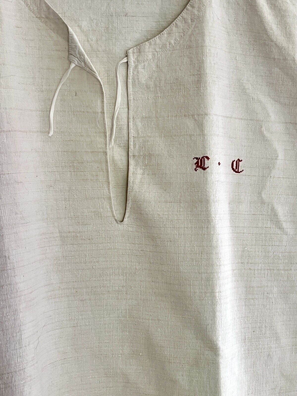 PRIMITIVE French heavy ECRU LINEN nightshirt MD mono CUT c1850