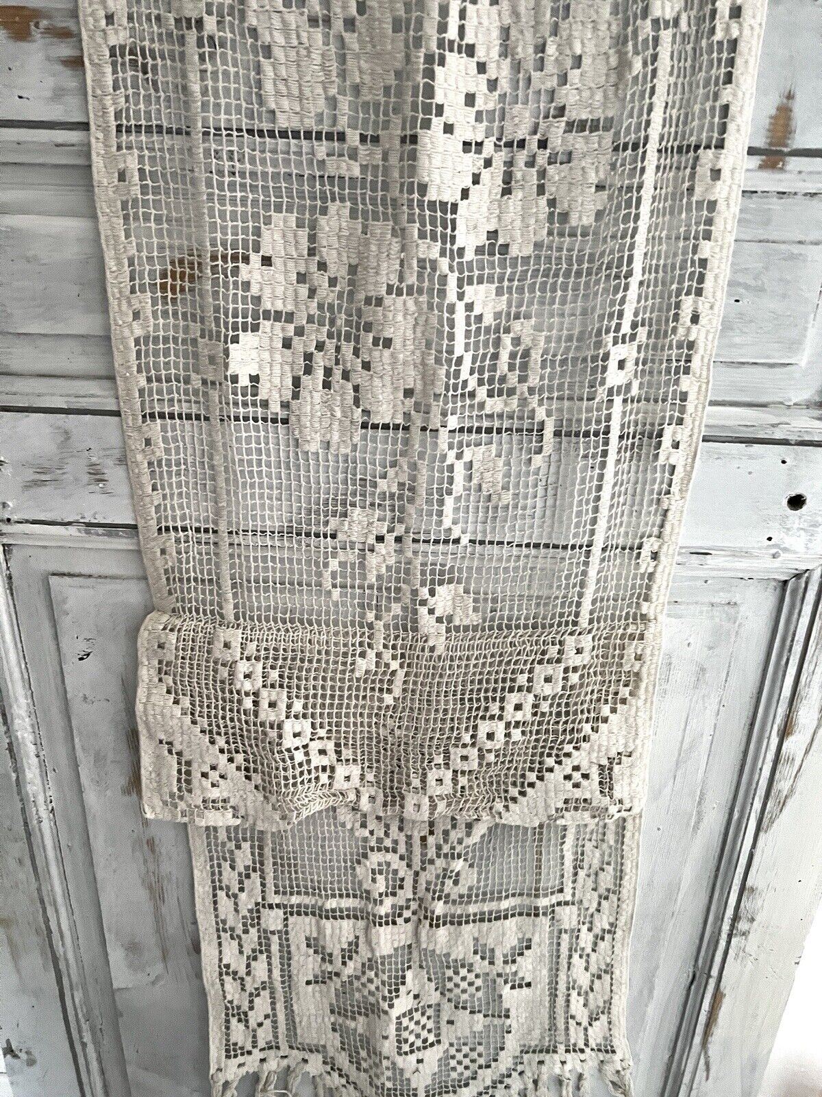 Antique French embroidered  FLORAL FILET LACE cotton CURTAIN FRINGES c1920