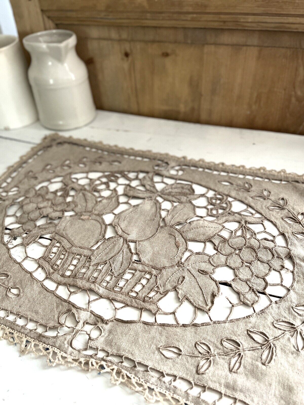 Art Nouveau French NATURAL linen DOILY fruit basket Richelieu EMBROIDERIES c1920