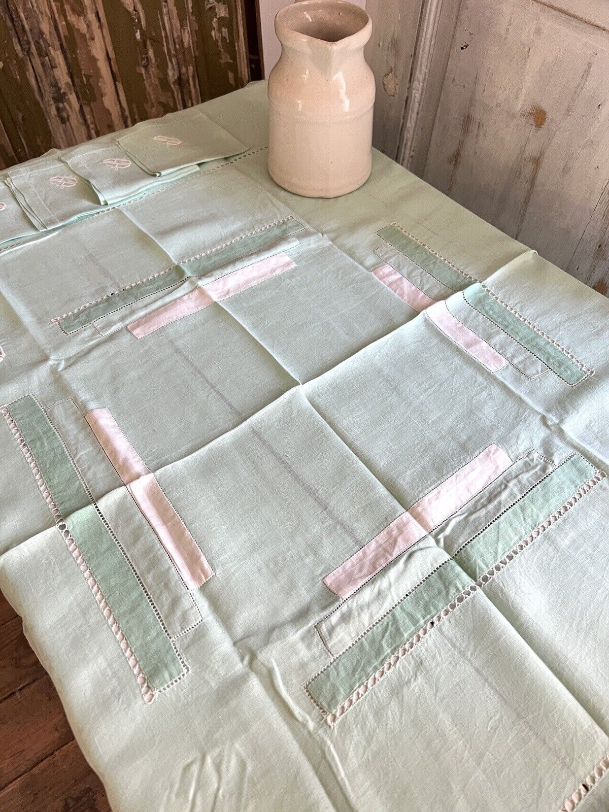 Art Deco SET French FIL OF LINEN TABLECLOTH 11 NAPKINS pale green GP m c1930