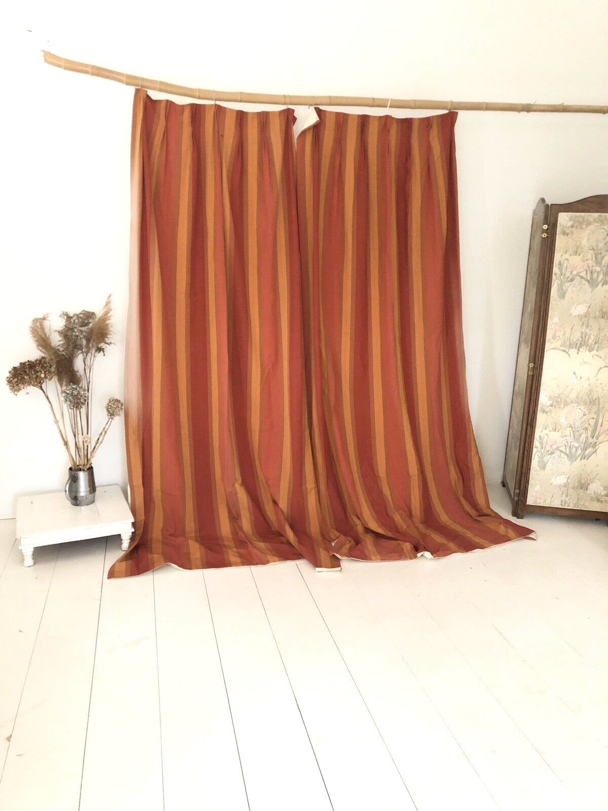 PAIR vintage LONG French BURGUNDY DRAPE cotton curtains STRIPES BACKED c1950