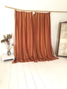 PAIR vintage LONG French BURGUNDY DRAPE cotton curtains STRIPES BACKED c1950