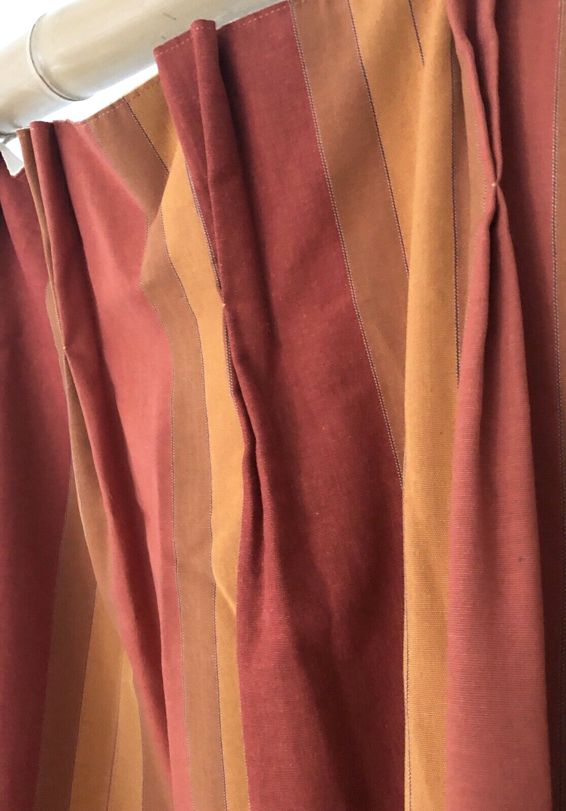 PAIR vintage LONG French BURGUNDY DRAPE cotton curtains STRIPES BACKED c1950