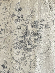 Antique French long DAMASK cotton FLORAL GREY beige CURTAIN drape c1910