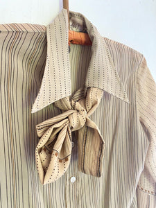 Vintage French woman LAVALLIERE BLOUSE BEIGE acetate STRIPES c1970