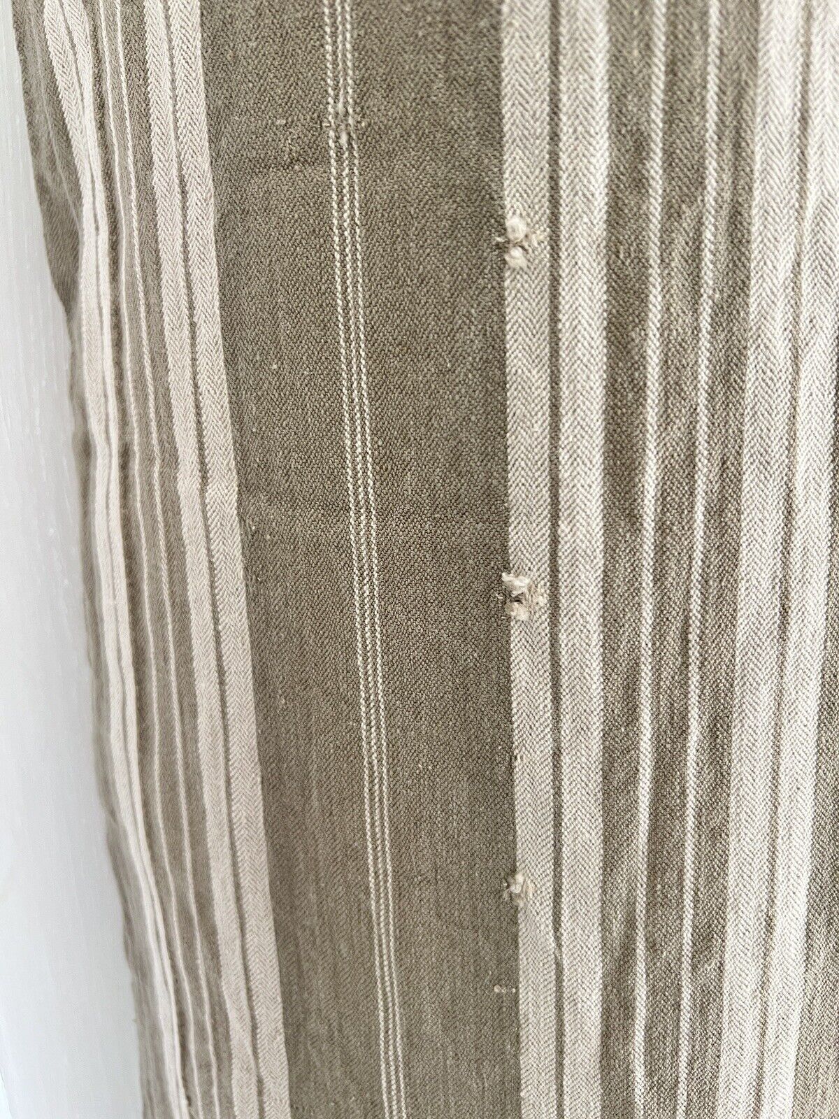 Antique French LONG khaki LINEN TICKING fabric UPHOLSTERY c1900