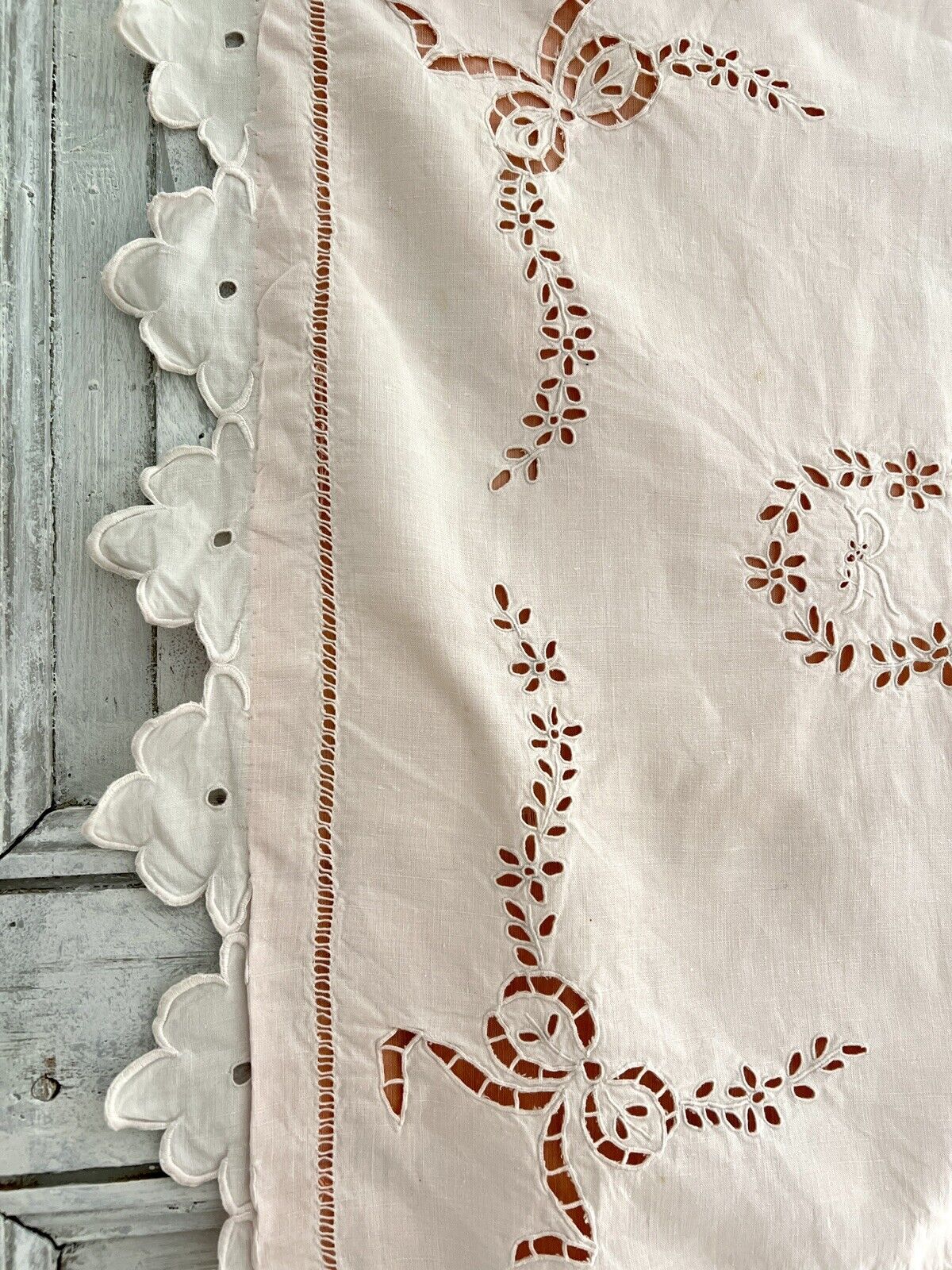 Antique French pink EMBROIDERED eyelet linen PILLOW SHAM FESTONS RC mono c1920