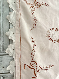 Antique French pink EMBROIDERED eyelet linen PILLOW SHAM FESTONS RC mono c1920