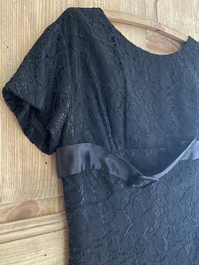 Vintage French BLACK BROCADE LACE belted DRESS c1960