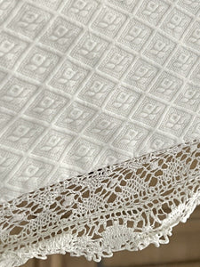 Vintage French LITURGIC valance MANTELPIECE damask cotton LACE backed c1930