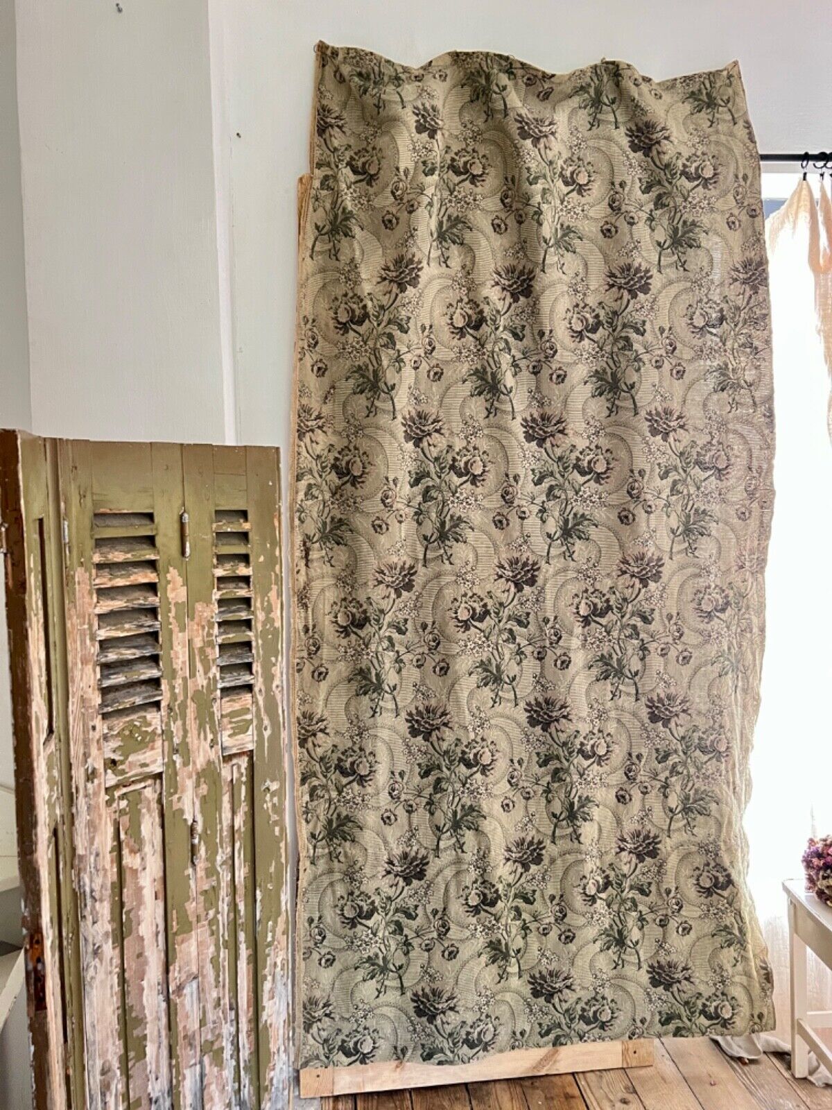 Antique French long woven DAMASK cotton FLORAL GREY green CURTAIN c1910