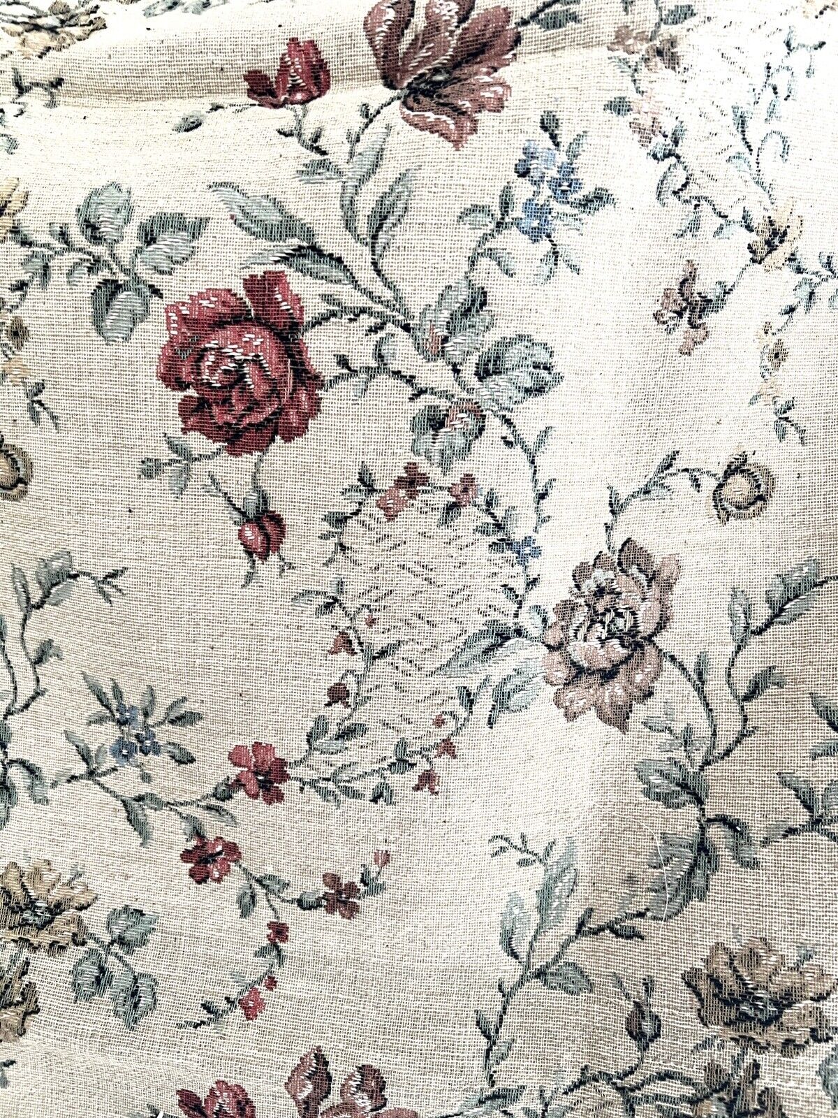 Vintage French HEAVY BOTANIC JACQUARD linen fabric ROSES panel UPHOLSTERY c1940