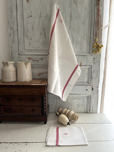 PAIR vintage French LINEN TEA TOWELS YG mono c1920