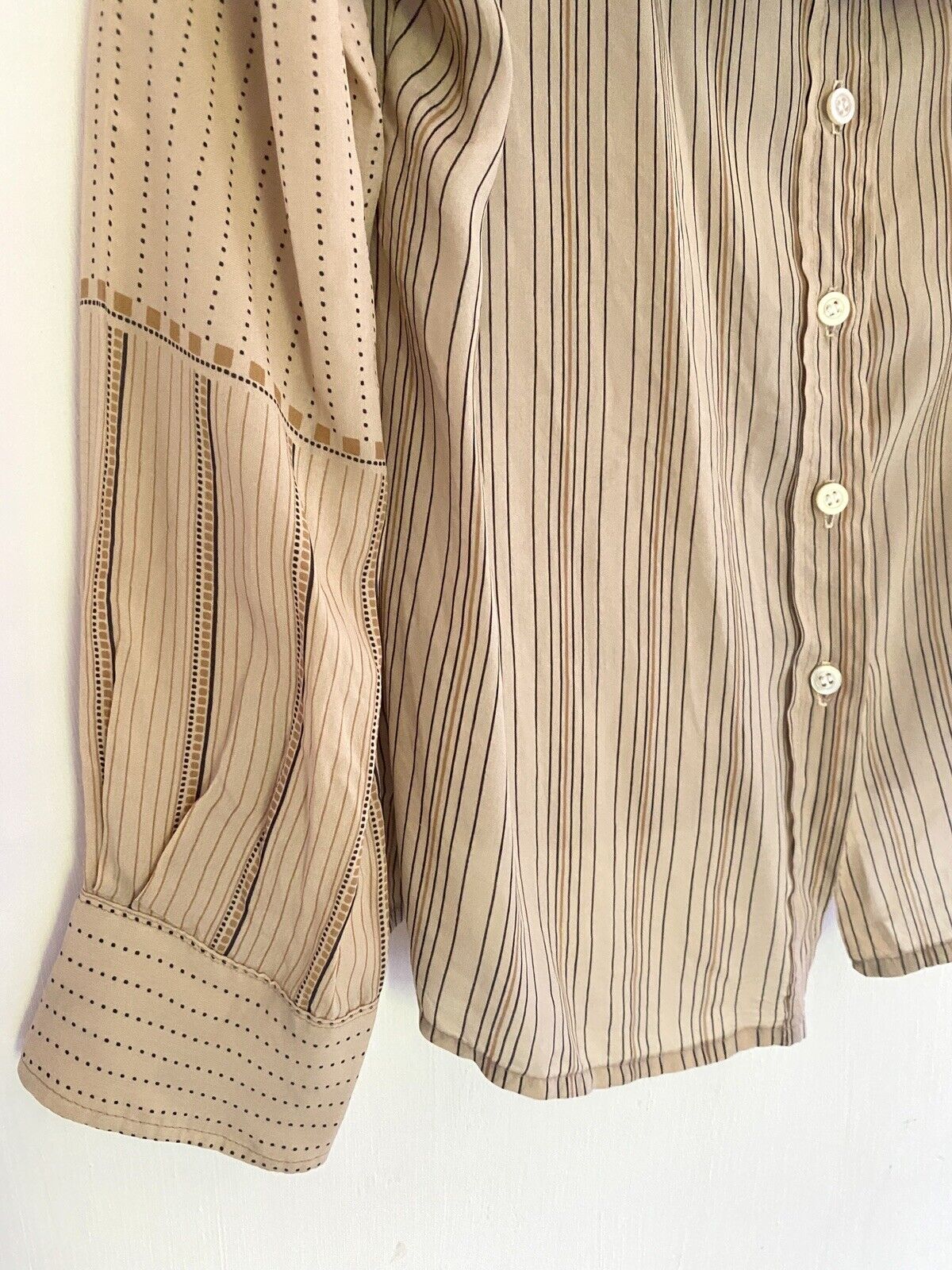 Vintage French woman LAVALLIERE BLOUSE BEIGE acetate STRIPES c1970