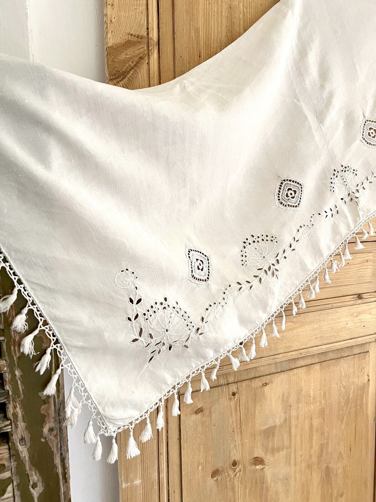 Antique French LONG linen embroidered VALANCE MANTELPIECE eyelet FRINGES c1900