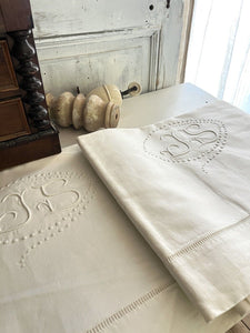 PAIR antique French large DOWRY LINEN COTTON sheets OPENWORKS JS mono c1920