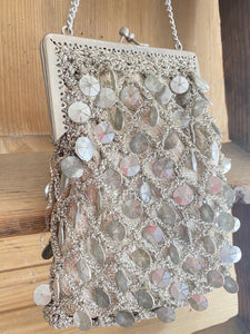 Vintage French EMBROIDERED silver SEQUIN BAG MINAUDIÈRE c1960