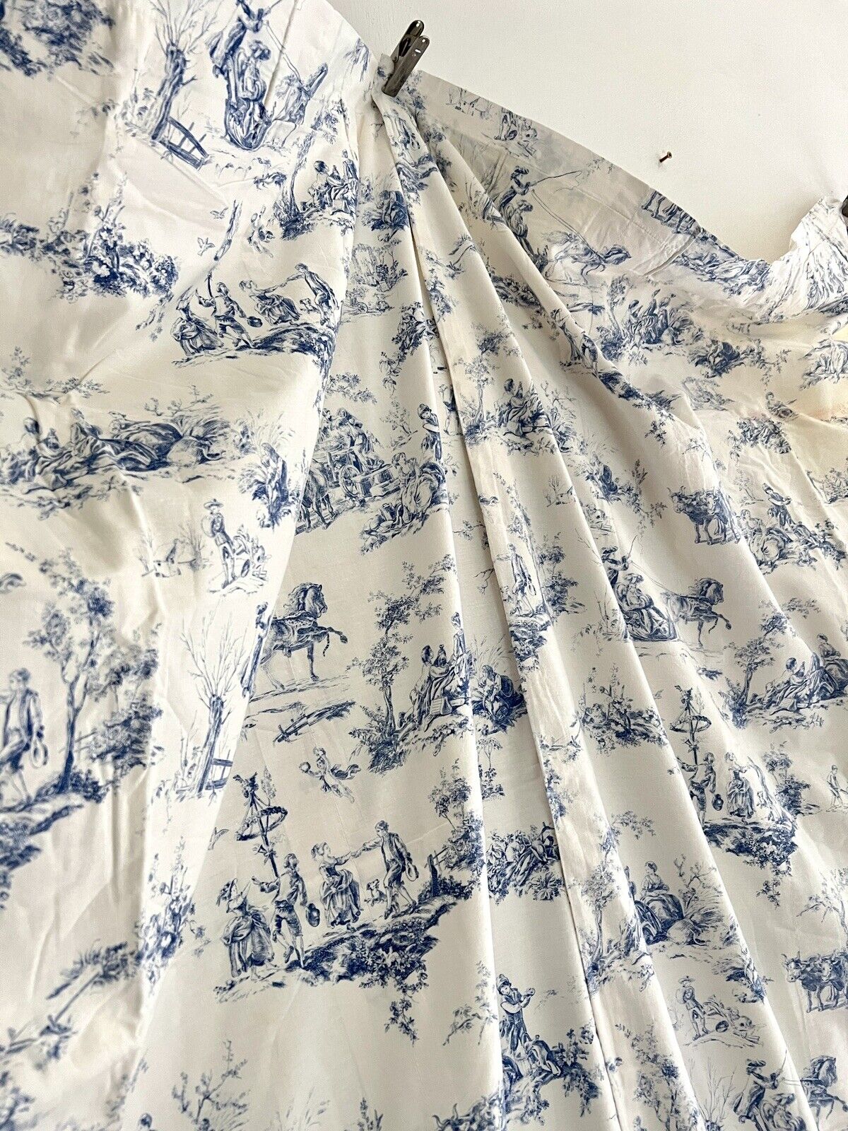 PAIR vintage French blue TOILE DE JOUY cotton PASTORAL CURTAINS BACKED c1950