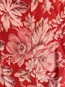 Antique French LARGE red pink FLORAL panel CURTAIN mended c1880