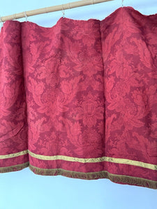 Antique French Empire long PURPLE RED floral DAMASK VALANCE braid FRINGES c1880