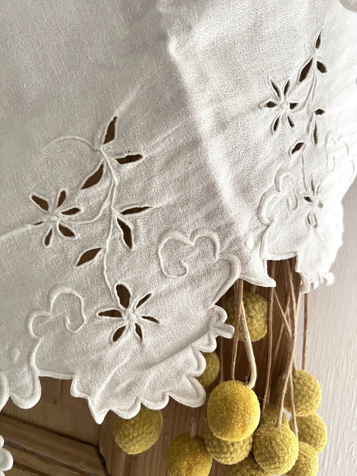 Antique French linen embroidered VALANCE MANTELPIECE FESTONS eyelet c1900