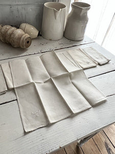 Set of 7 antique French LINEN COTTON blend HANDKERCHIEF R mono c1900