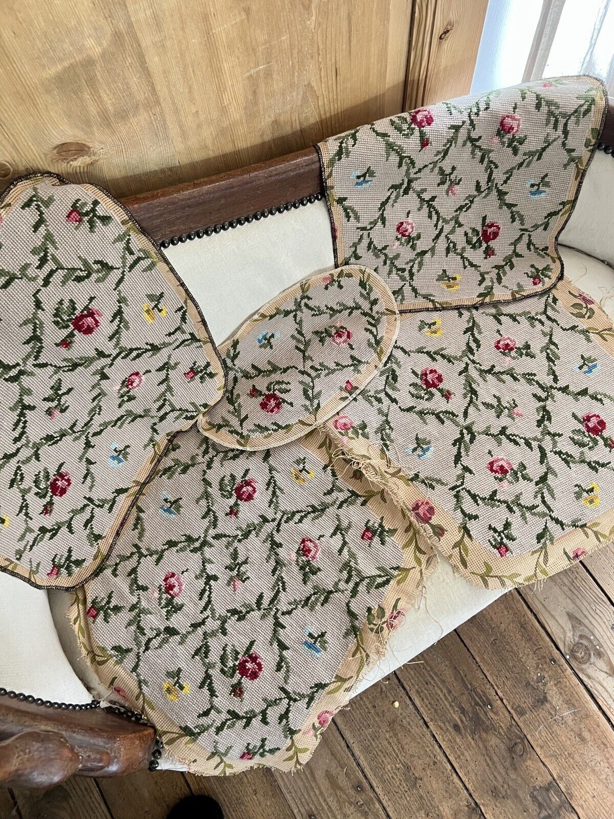 Vintage French PAIR TAPESTRY cotton chair covers floral bouquets c1950