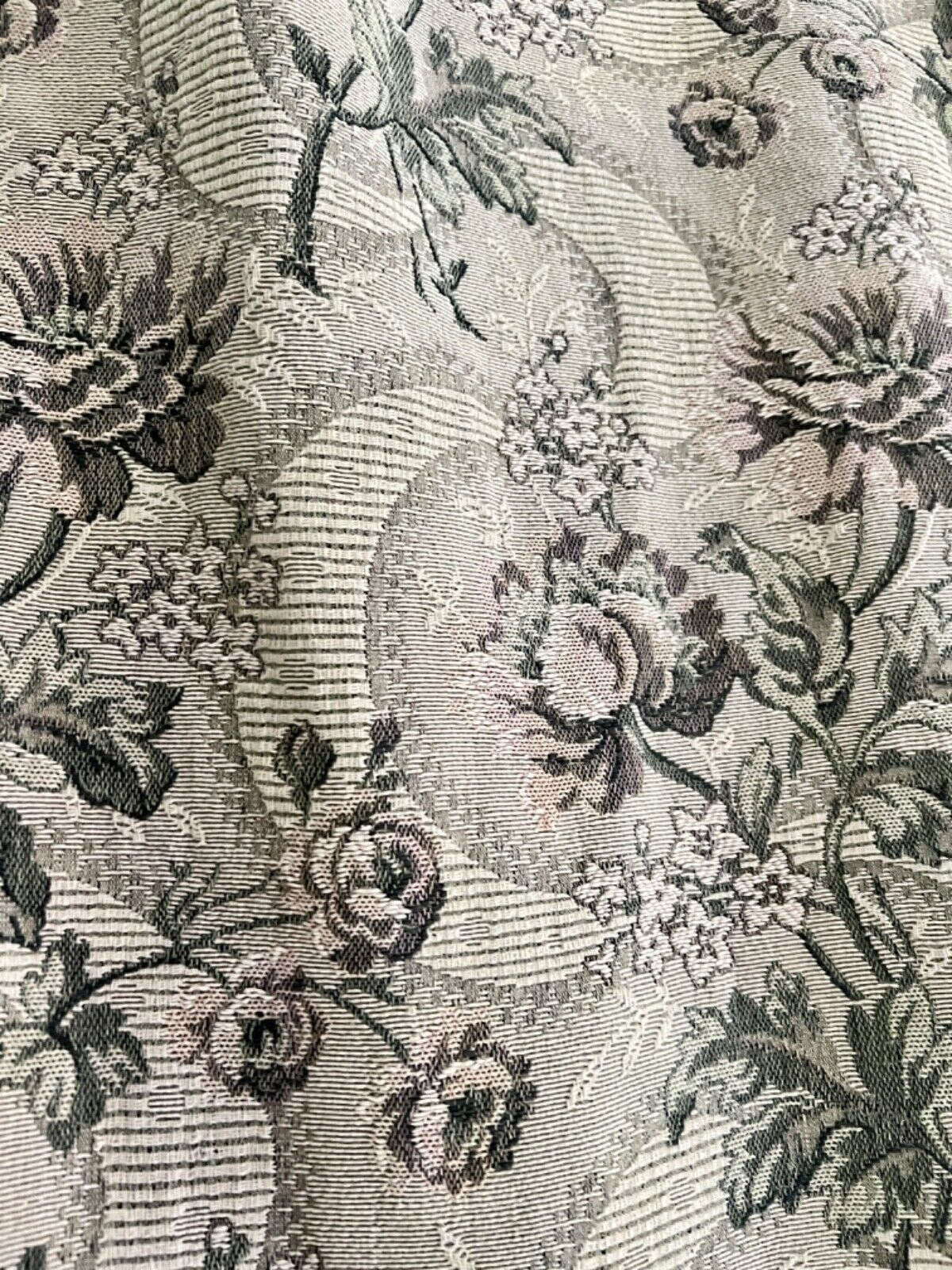 Antique French long woven DAMASK cotton FLORAL GREY green CURTAIN c1910