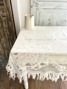 Antique French EMBROIDERED filet lace  tea TABLECLOTH FRINGES c1900