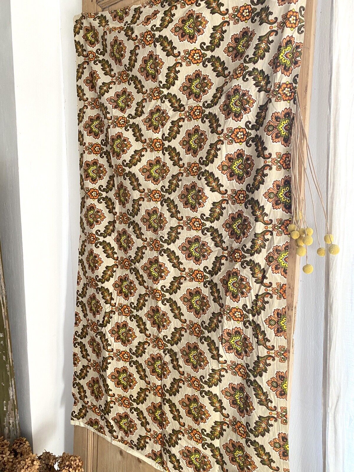 Vintage French FLORAL cotton CURTAIN INDIENNES green tones c1950